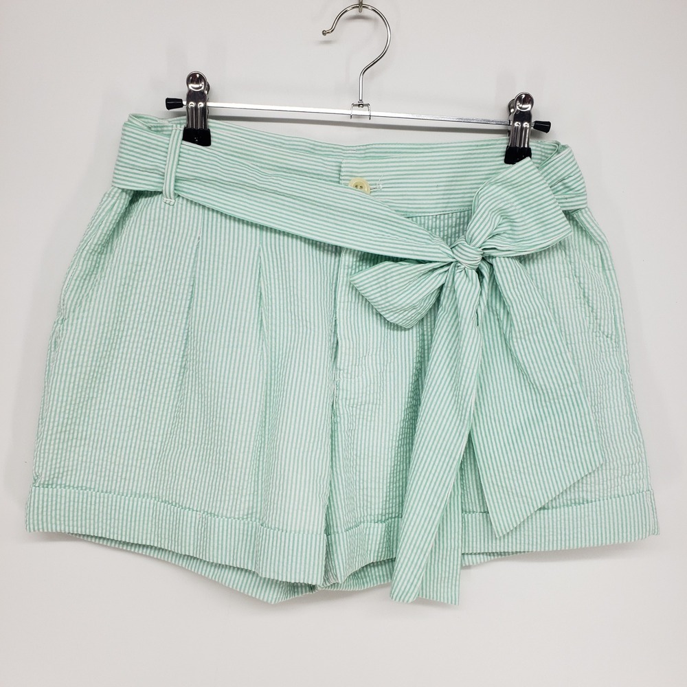 Lauren James Seersucker Bow Shorts Womens Medium Green Striped Pleated Belted